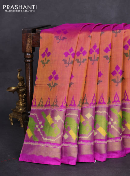 Rajkot patola silk saree dual shade of mustard yellow and purple with allover ikat weaves and long zari woven border