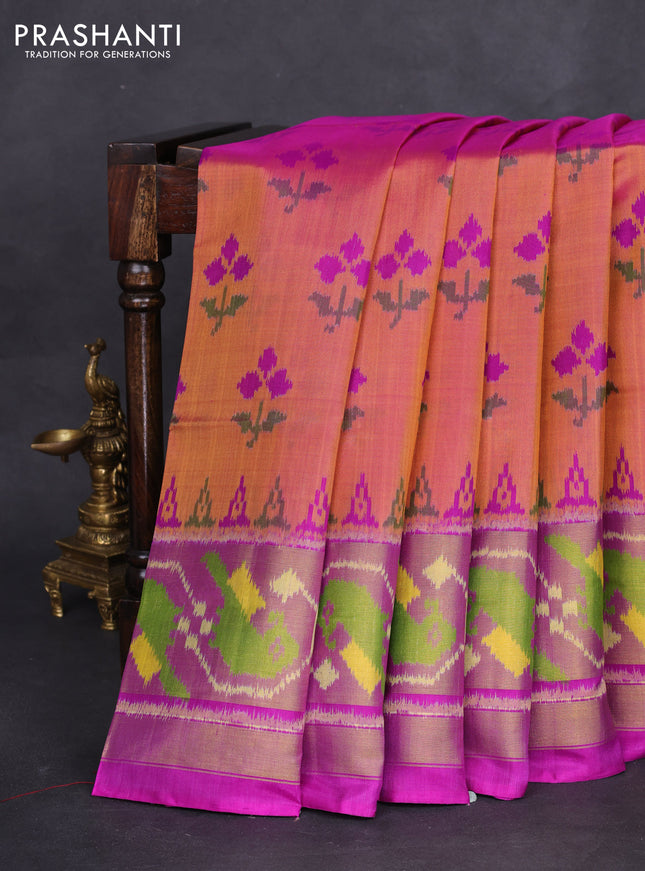 Rajkot patola silk saree dual shade of mustard yellow and purple with allover ikat weaves and long zari woven border