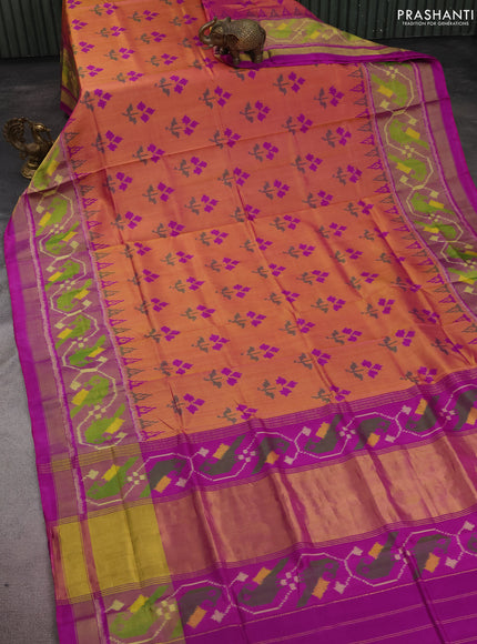 Rajkot patola silk saree dual shade of mustard yellow and purple with allover ikat weaves and long zari woven border