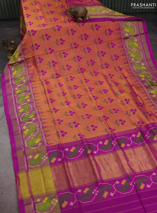 Rajkot patola silk saree dual shade of mustard yellow and purple with allover ikat weaves and long zari woven border