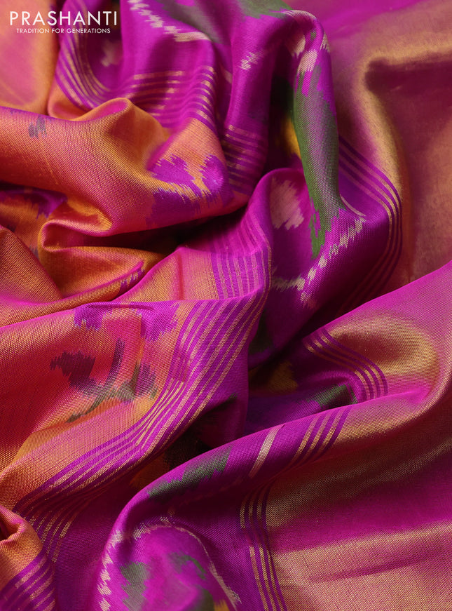 Rajkot patola silk saree dual shade of mustard yellow and purple with allover ikat weaves and long zari woven border