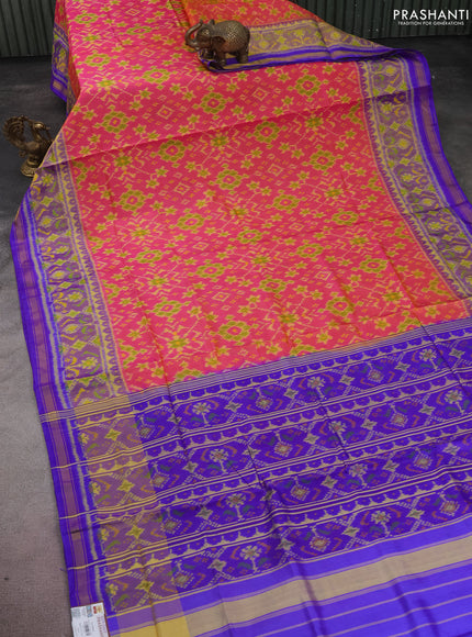 Rajkot patola silk saree dual shade of pink and blue with allover ikat weaves and long zari woven border