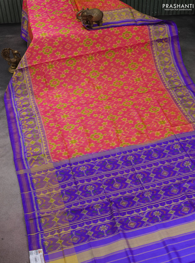 Rajkot patola silk saree dual shade of pink and blue with allover ikat weaves and long zari woven border