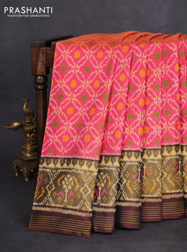 Rajkot patola silk saree dual shade of pink and brown with allover ikat weaves and long zari woven border