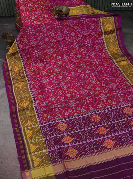 Rajkot patola silk saree dark pink and deep purple with allover ikat weaves and long zari woven border