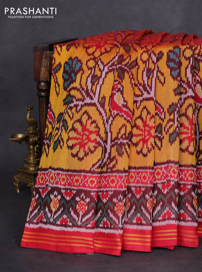 Rajkot patola silk saree yellow and red with allover ikat weaves and zari woven simple border