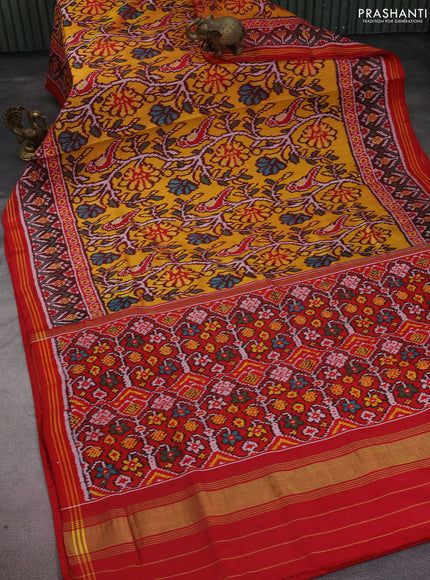 Rajkot patola silk saree yellow and red with allover ikat weaves and zari woven simple border