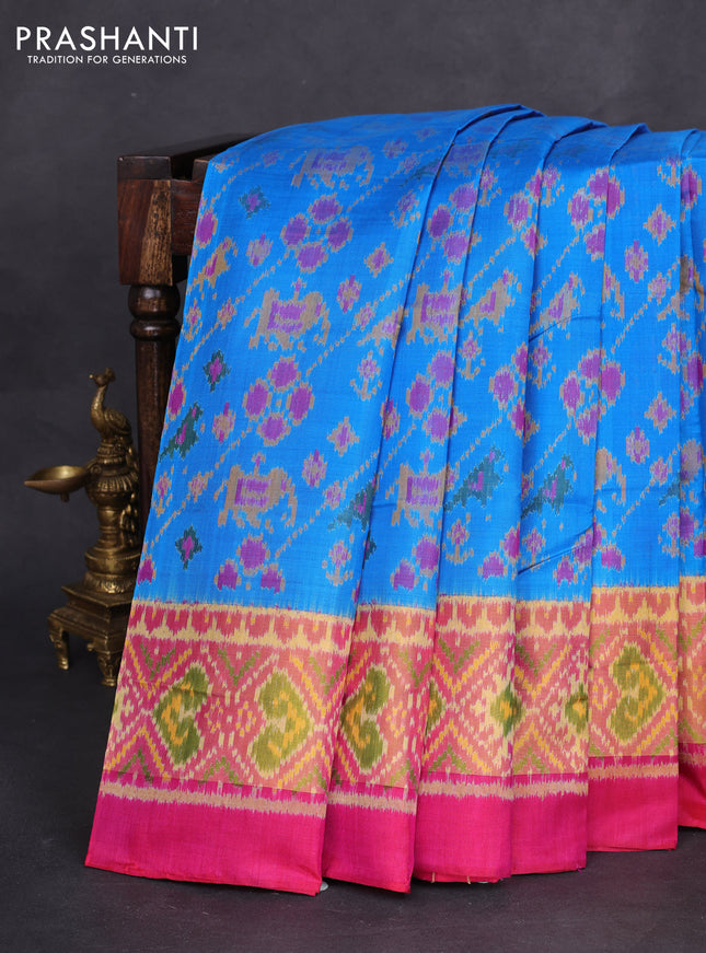 Rajkot patola silk saree cs blue and pink with allover ikat weaves and long zari woven border