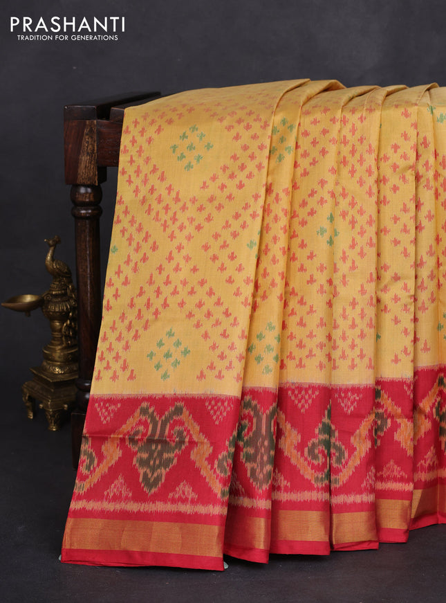 Rajkot patola silk saree pale yellow and red with allover ikat weaves and zari woven border