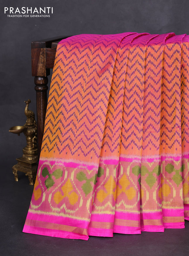 Rajkot patola silk saree dual shade of mustard yellow and pink with allover ikat weaves and long zari woven border
