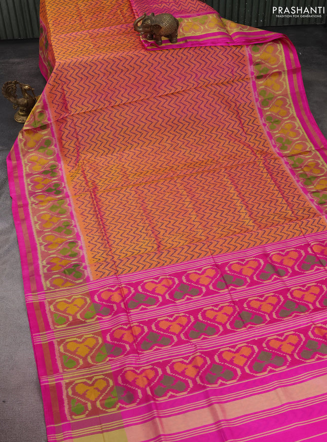 Rajkot patola silk saree dual shade of mustard yellow and pink with allover ikat weaves and long zari woven border