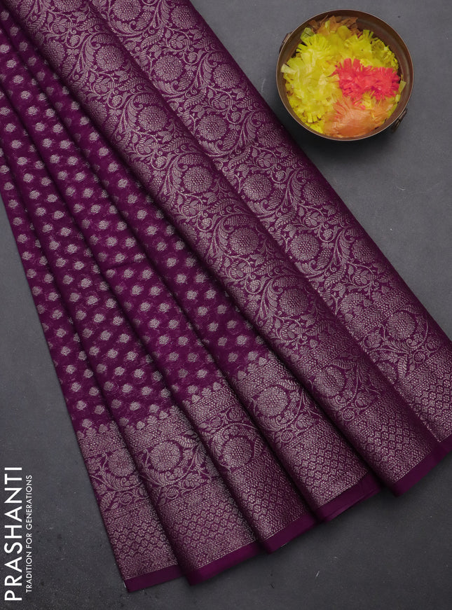 Semi chiniya saree deep purple with woven buttas and woven border