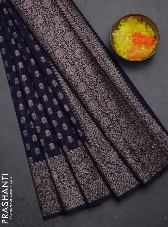 Semi chiniya saree navy blue with woven buttas and woven border
