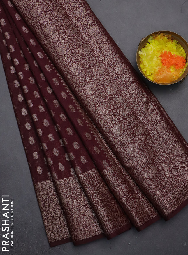 Semi chiniya saree deep maroon with woven buttas and woven border