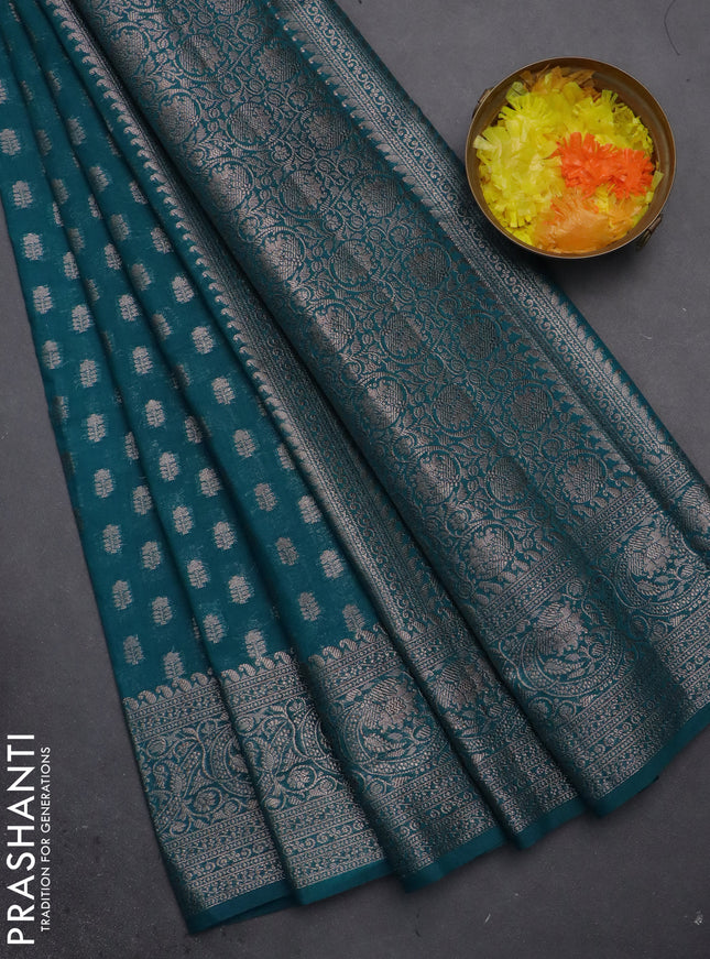 Semi chiniya saree teal blue with woven buttas and woven border
