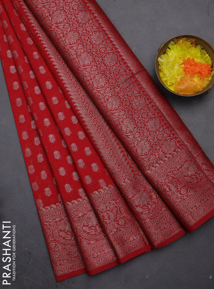 Semi chiniya saree red with woven buttas and woven border