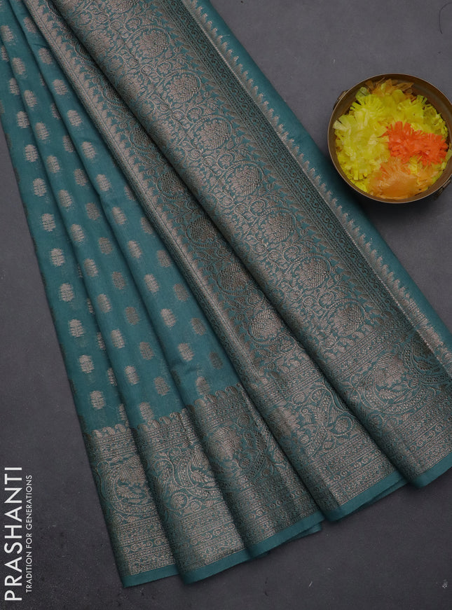 Semi chiniya saree teal blue with woven buttas and woven border