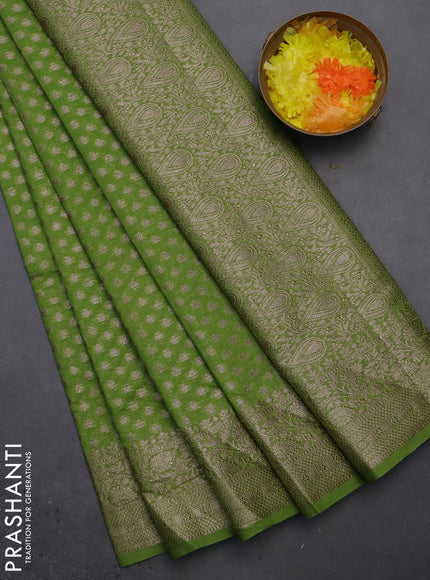 Semi chiniya saree green with woven buttas and woven border