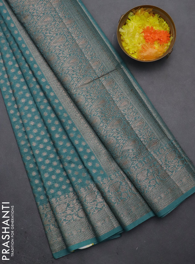 Semi chiniya saree teal blue with woven buttas and woven border