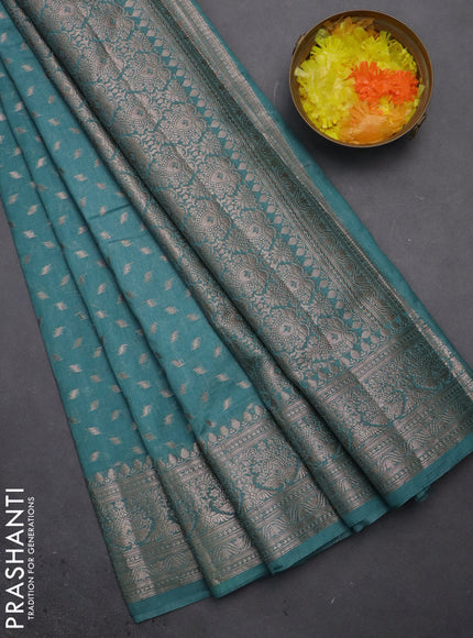 Semi chiniya saree teal shade with woven buttas and woven border