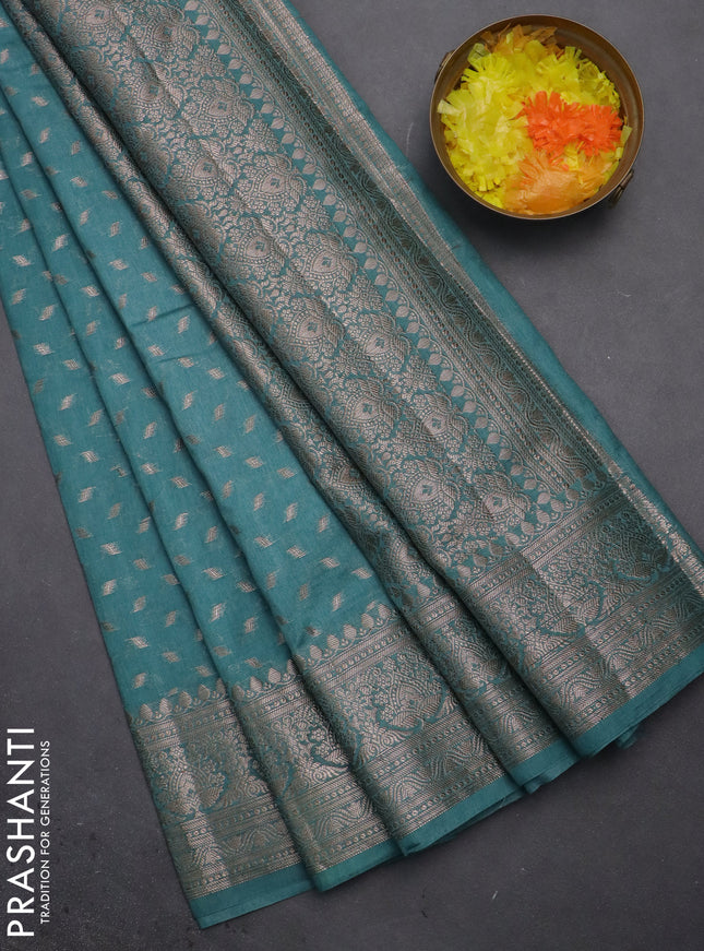 Semi chiniya saree teal shade with woven buttas and woven border