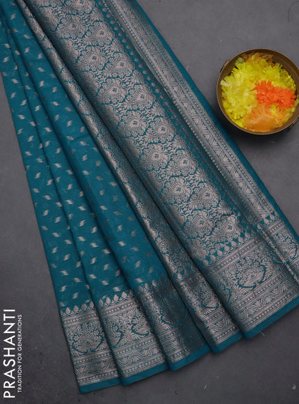 Semi chiniya saree teal blue with woven buttas and woven border