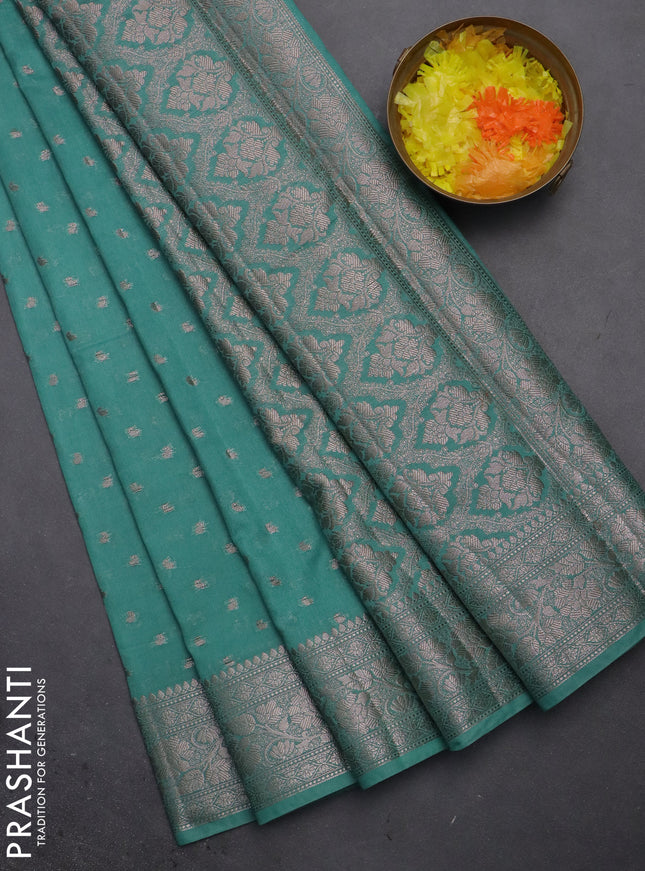 Semi chiniya saree teal shade with woven buttas and woven border