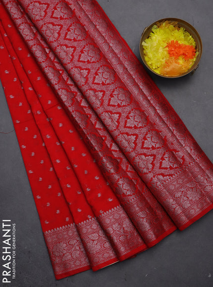 Semi chiniya saree red with woven buttas and woven border