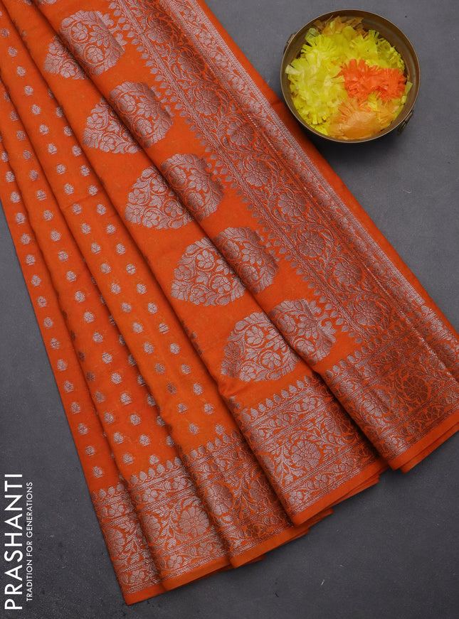 Semi chiniya saree orange with woven buttas and woven border