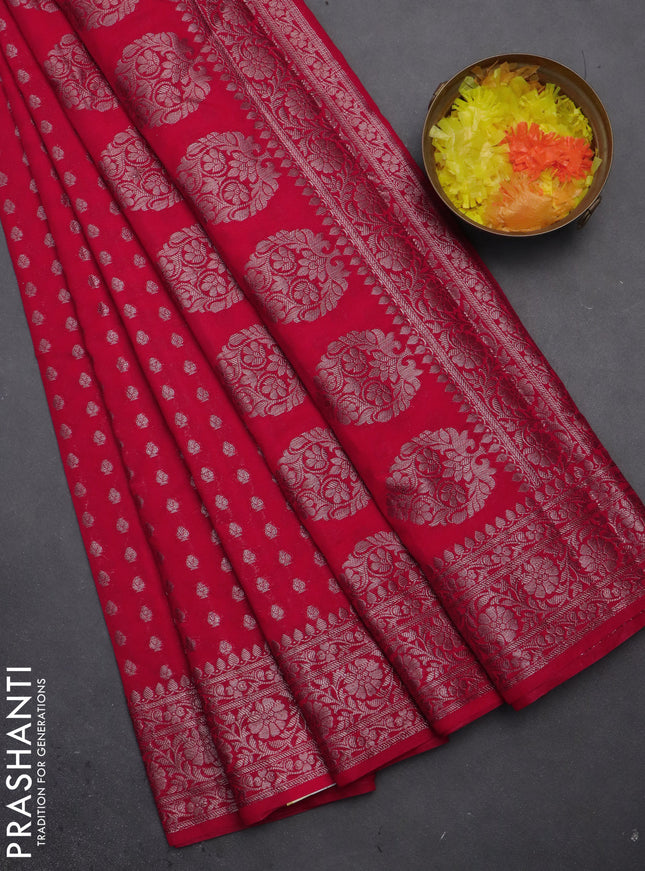 Semi chiniya saree red with woven buttas and woven border