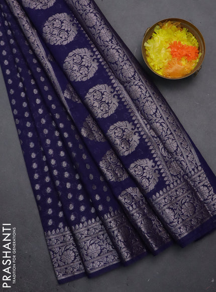 Semi chiniya saree navy blue with woven buttas and woven border