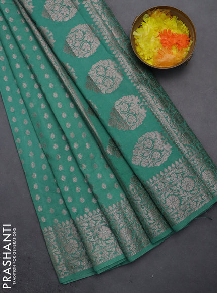 Semi chiniya saree teal shade with woven buttas and woven border