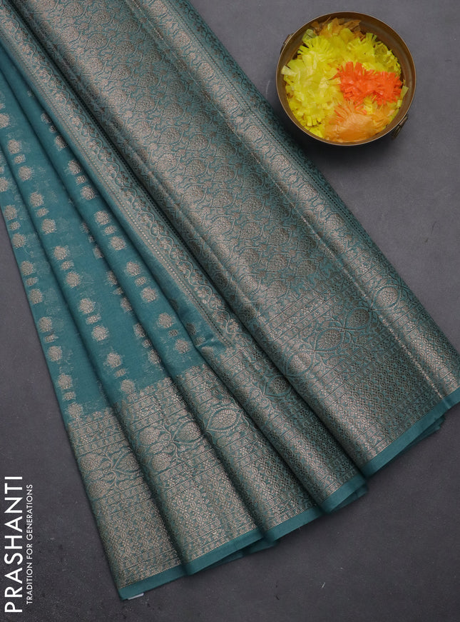 Semi chiniya saree teal shade with woven buttas and woven border