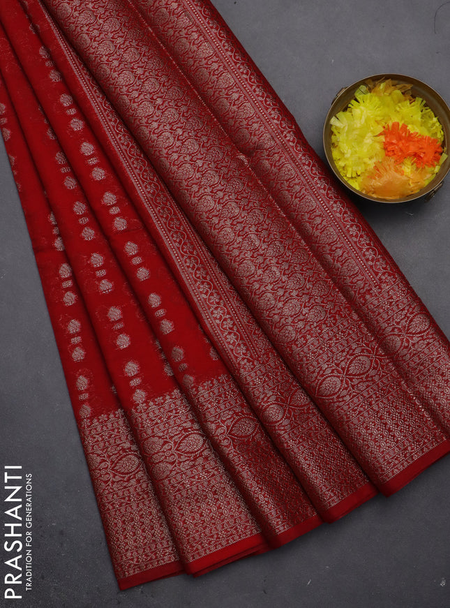 Semi chiniya saree red with woven buttas and woven border