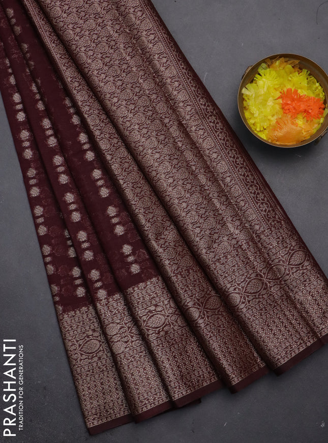 Semi chiniya saree brown with woven buttas and woven border