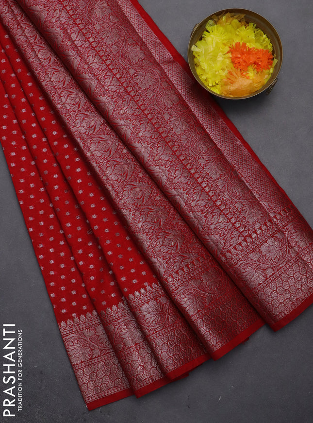 Semi chiniya saree red with woven buttas and woven border