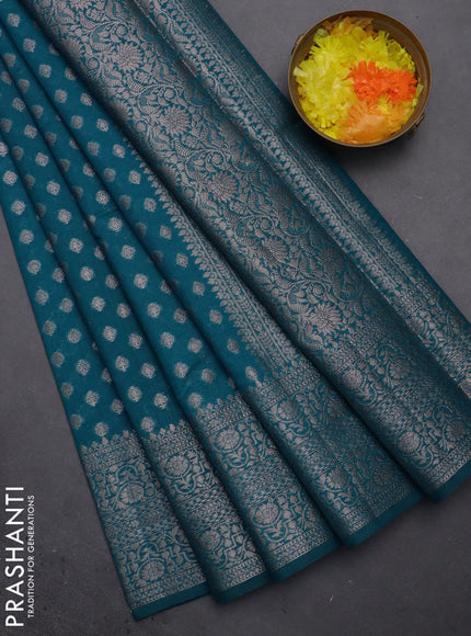 Semi chiniya saree teal blue with woven buttas and woven border