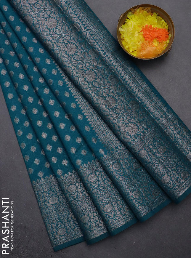 Semi chiniya saree teal blue with woven buttas and woven border