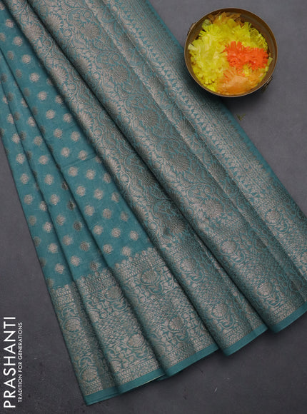 Semi chiniya saree teal blue with woven buttas and woven border