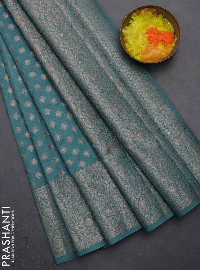 Semi chiniya saree teal blue with woven buttas and woven border