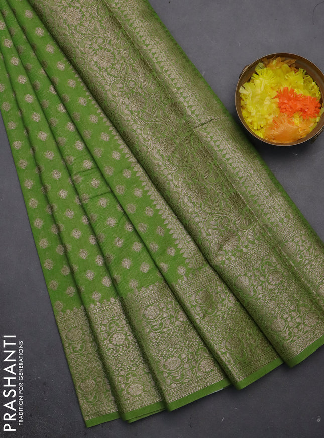 Semi chiniya saree green with woven buttas and woven border