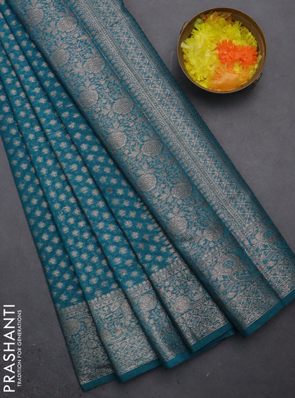 Semi chiniya saree teal blue with woven buttas and woven border