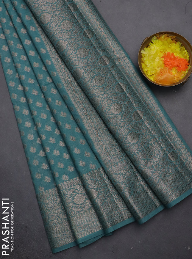 Semi chiniya saree teal shade with woven buttas and woven border