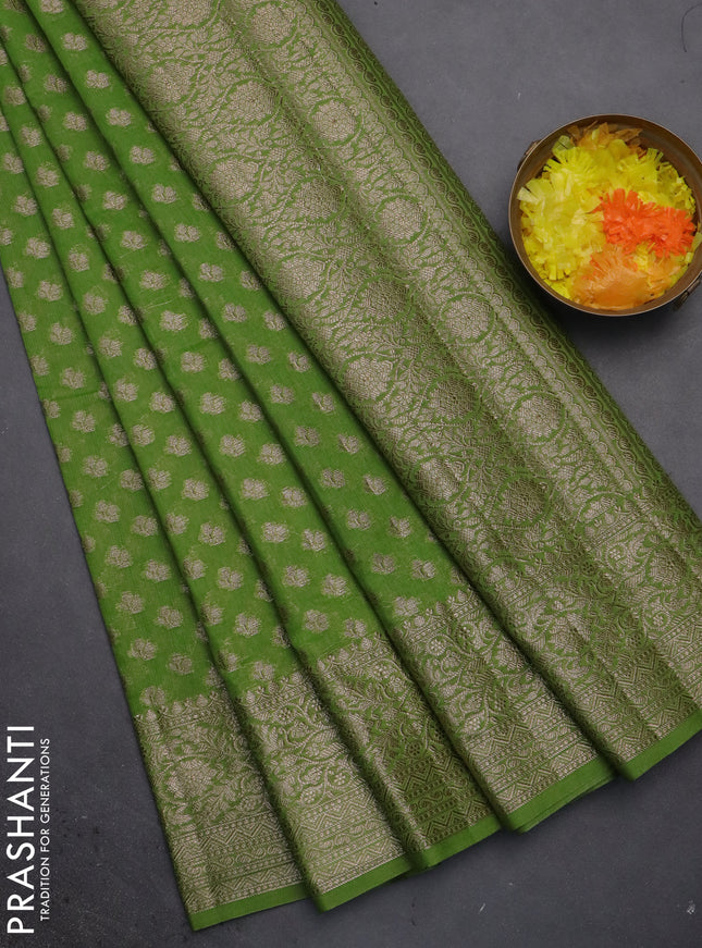 Semi chiniya saree green with woven buttas and woven border