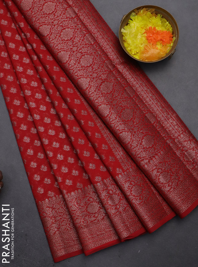 Semi chiniya saree red with woven buttas and woven border