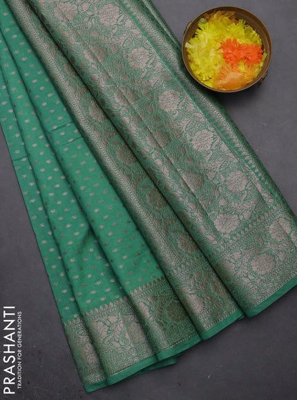 Semi chiniya saree teal green with woven buttas and woven border