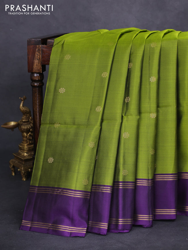 Pure soft silk saree light green and purple with zari woven floral buttas and rettapet zari woven border
