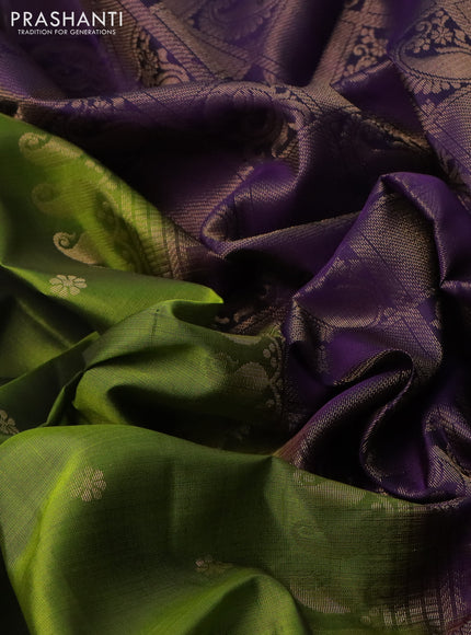 Pure soft silk saree light green and purple with zari woven floral buttas and rettapet zari woven border