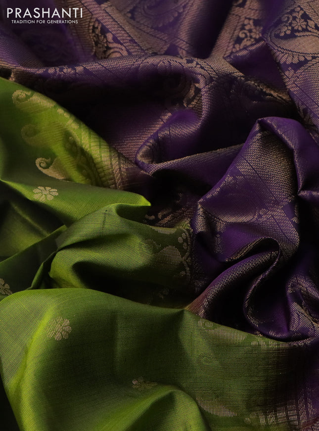 Pure soft silk saree light green and purple with zari woven floral buttas and rettapet zari woven border