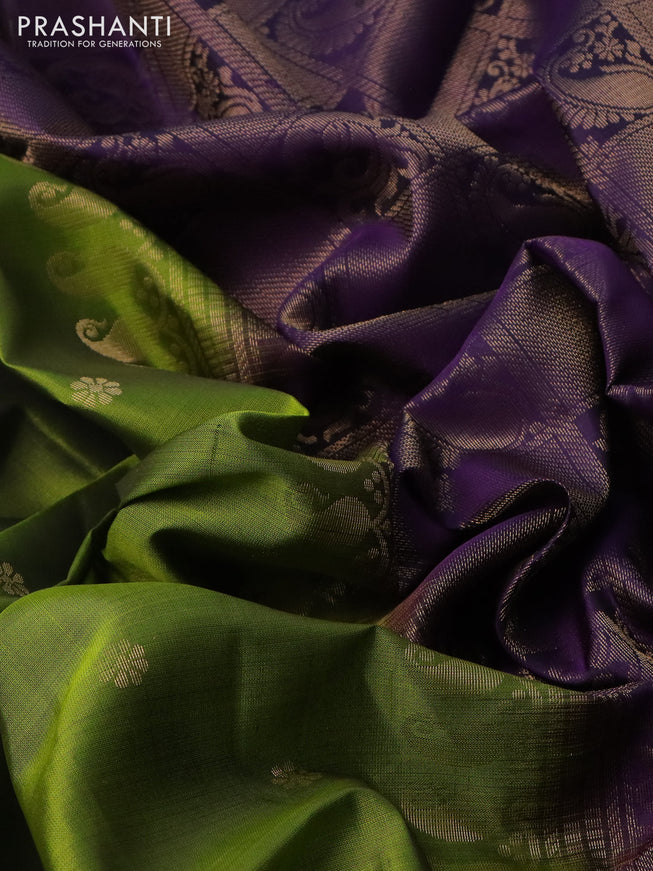 Pure soft silk saree light green and purple with zari woven floral buttas and rettapet zari woven border